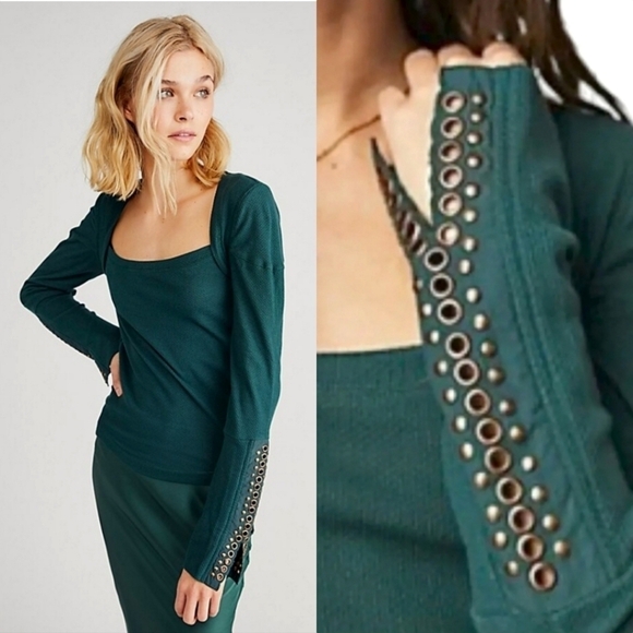 Free People A Little Unruly Square Neck Thermal in Green Gable Size Medium - Picture 1 of 10